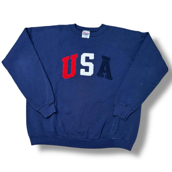 VTG Hanes USA Crewneck Sweatshirt Navy Blue Spellout Fleece Made In USA 90s Sz L - Picture 1 of 7